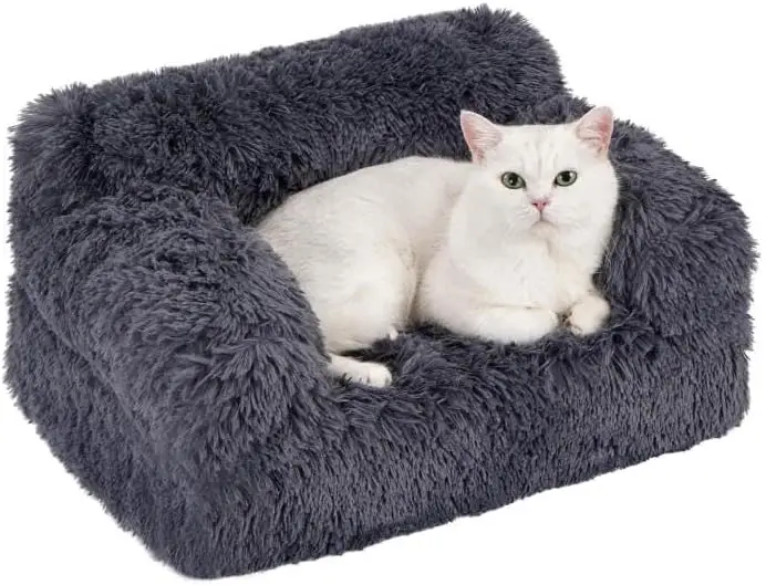 

Диван-кровать для кошек и щенков — пена с высокой поддержкой, мягкий пушистый моющийся чехол, нескользящая подошва — для домашних животных — темно-серый