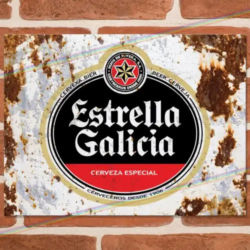 Placa de Metal Vintage ESTRELLA GALICIA para Bar, Pub, Galpão ou Caverna Masculina - Cerveja Lager - Alumínio (Reino Unido)