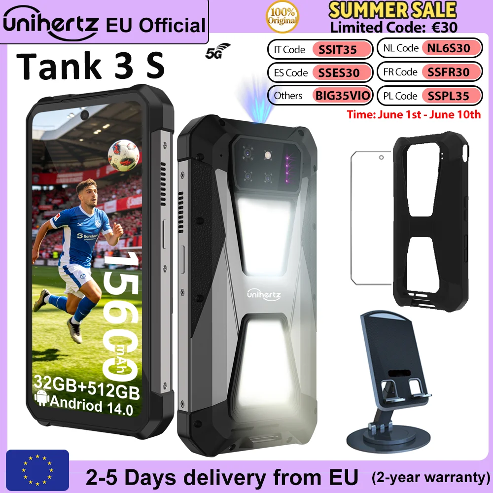 Smartphone Unihertz 8849 Tank 3S 5G avec projecteur, Dimensity 8200, 32 Go + 512 Go, téléphone portable 15600 mAh, 66 W, appareil photo 50 MP, WiFi 6, NFC