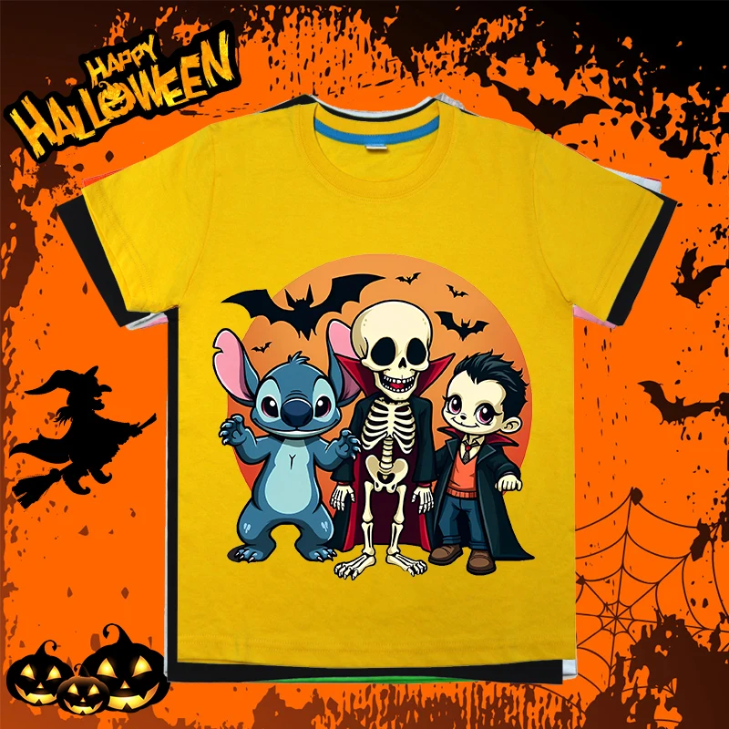 

Детская футболка с принтом "Ститч Хэллоуин", 9 цветов, свободные повседневные топы, летние детские хлопковые футболки с коротким рукавом, подходит для мальчиков и девочек