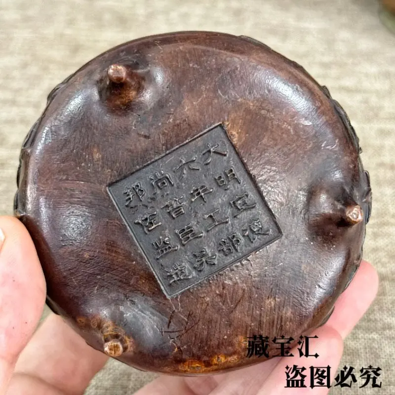 Old Collection Rare Ming Xuande Sixteen Character Bamboo Joint Tripod Bronze Double Ears Incense Censer Statue