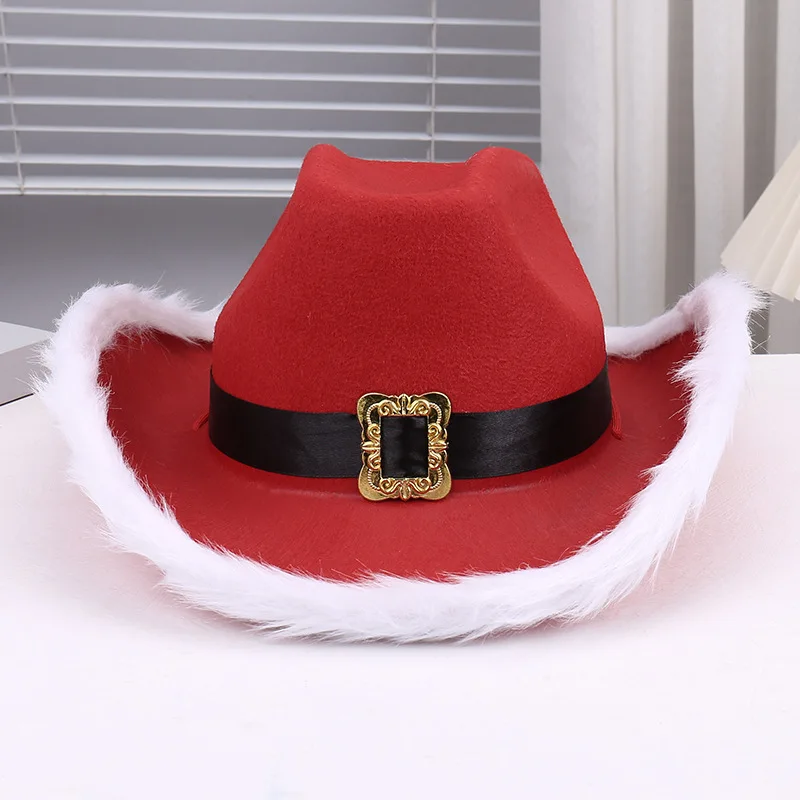 Wide Brim Cowgirl Hat Christmas Party Cowboy Hat Western Red Felt Cap Xmas Party Deco