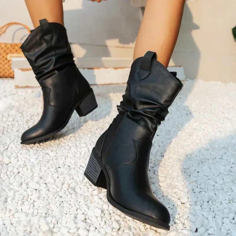 new Western Cowboy Boots for Women Autumn Winter Retro Pointed Toe Thick Heels Ruffled PU Leather Mid-Calf Boots Woman Plus Size