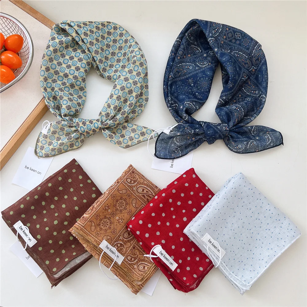 Square Scarf Cotton Linen Polka Dot Soft Breathable Lightweight Women Summer Travel Headband Neckerchief Versatile