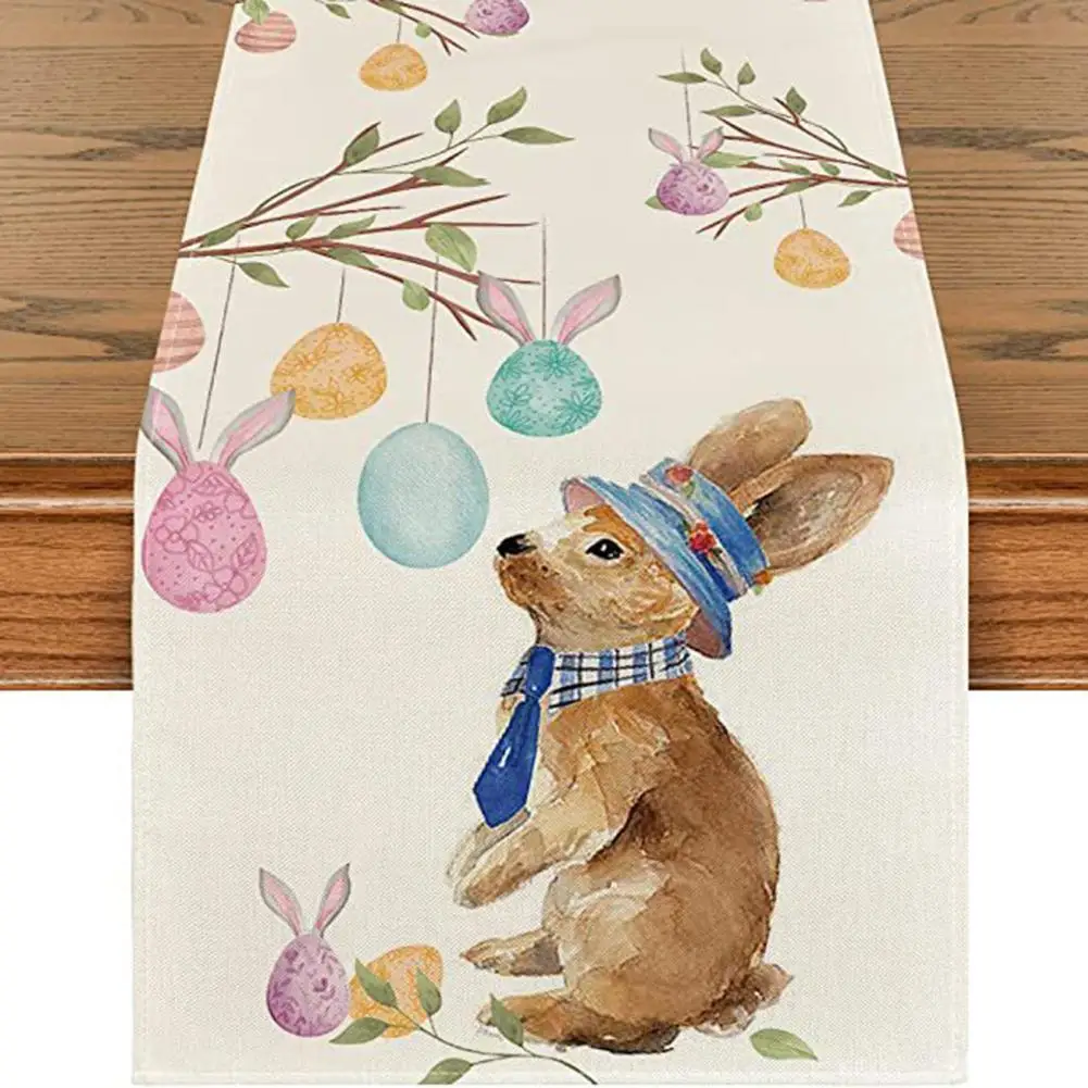 Table Runner Decor Easter Table Runner with Rabbit Pattern Cute Bunny Egg Design for Home Holiday Decoration Wedding Party