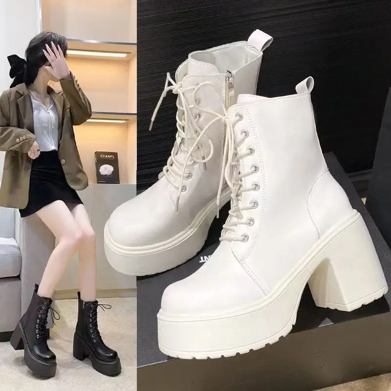 

Spring Autumn Women Ankle Boots Waterproof Platform Lace Up Thick Heel Short Boots Fashion 9cm High Heel Leather Botas for Women
