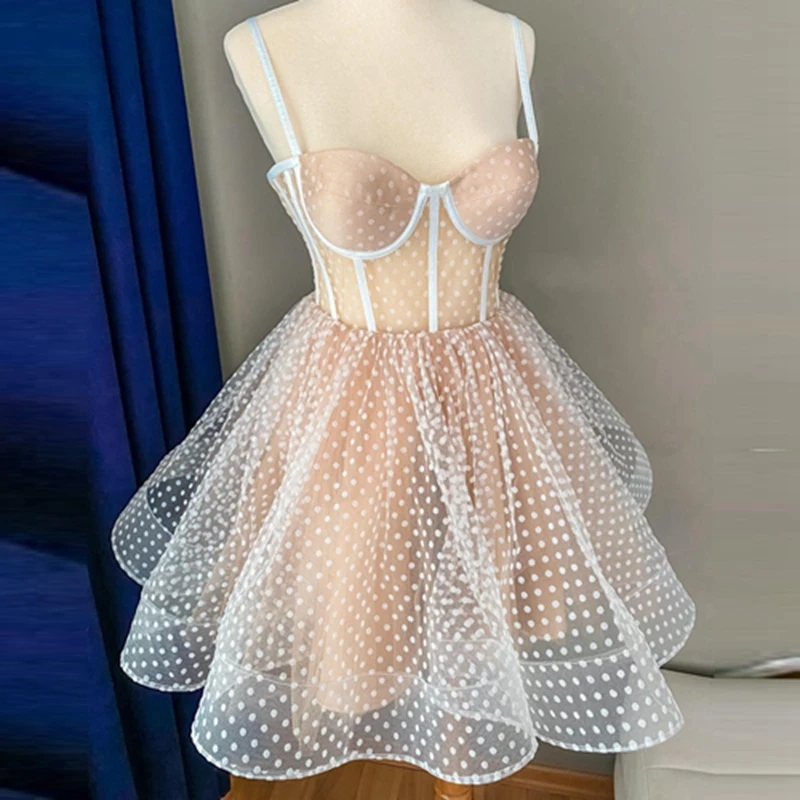 

Real Image White Dots Tulle Mini Women Dresses Sexy Spaghetti Strap Sweetheart Short Mesh Party Gowns Fashion Girls Prom Dress