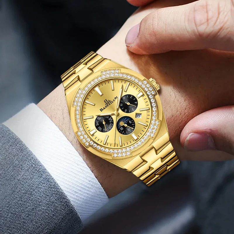 BAOFEILUN ساعة ذهبية فاخرة للرجال ساعات آلية أوتوماتيكية مرآة الياقوت التقويم الكامل الماس مجموعة فستان ساعة اليد هدية