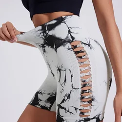 CHRLEISURE Sexy Hollow Sports Shorts Tie Die Butt Lifting Workout Tights Breathable High Waist Fitness Three-Quarter Pants