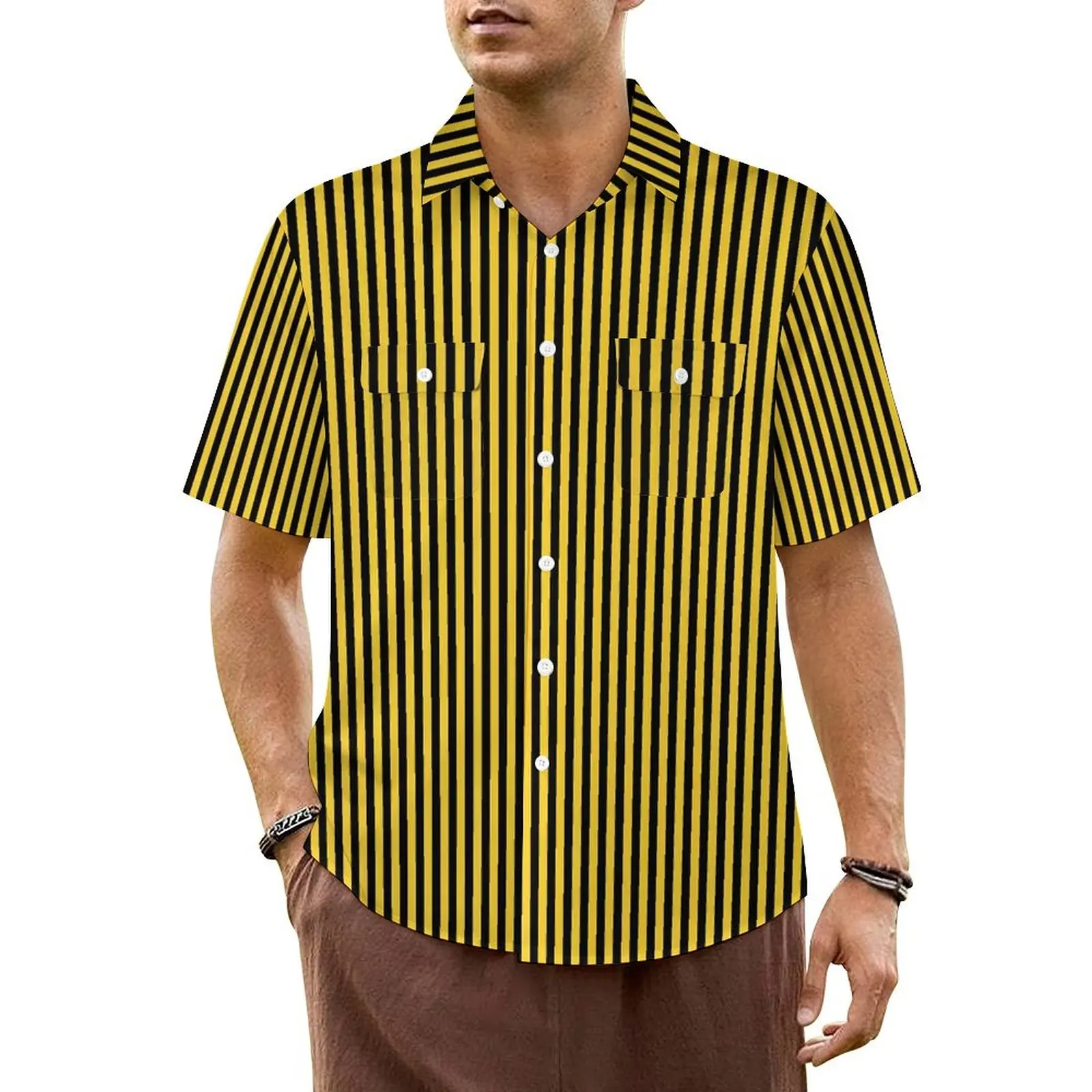 

Nautical Stripe Beach Shirt Yellow and Black Hawaii Casual Shirts Male Novelty Blouses Short Sleeve Harajuku Custom DIY Top