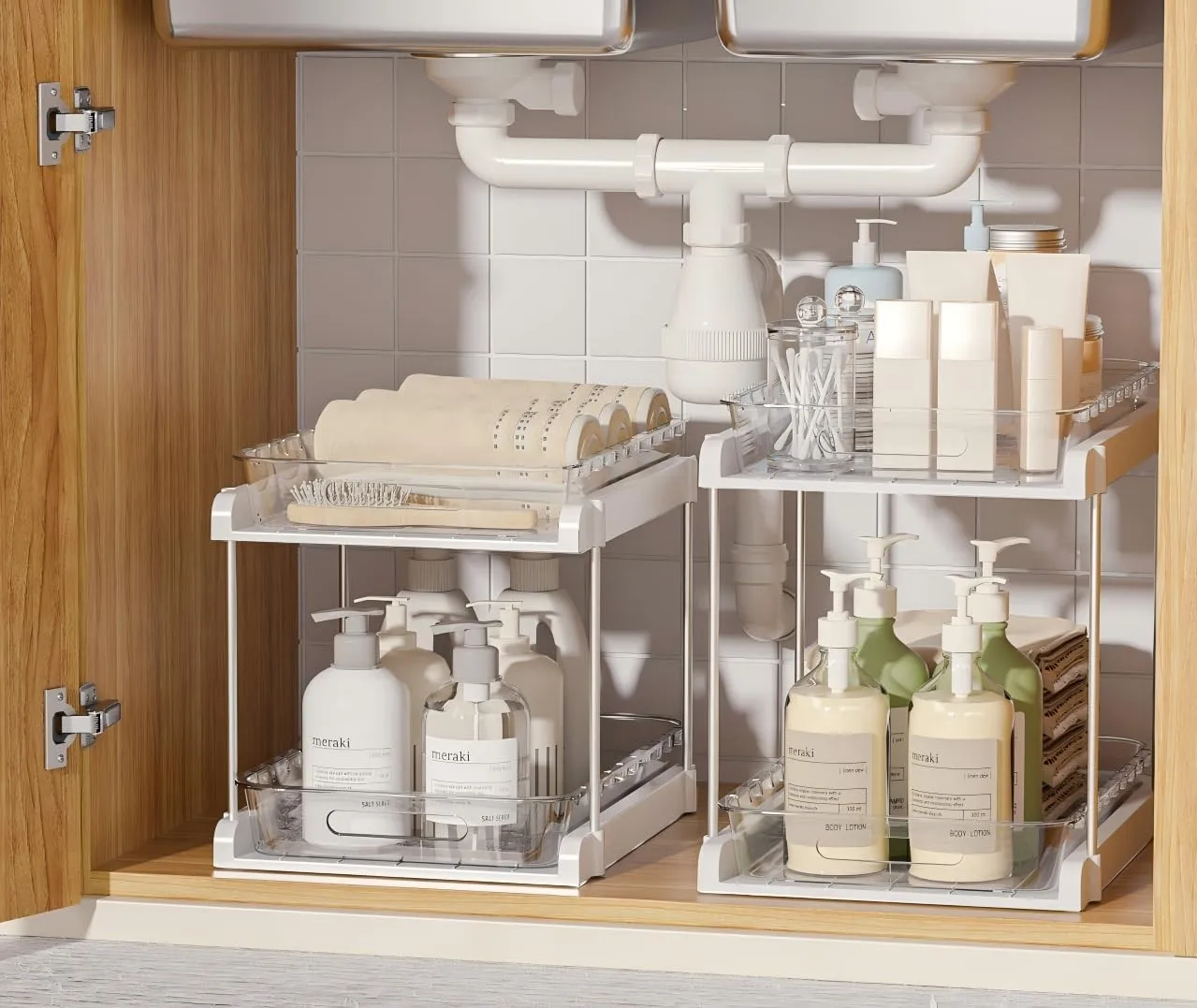 

Выдвижные двухуровневые органайзеры EVERIE под раковину для кухни, ванной, кладовой, ко...