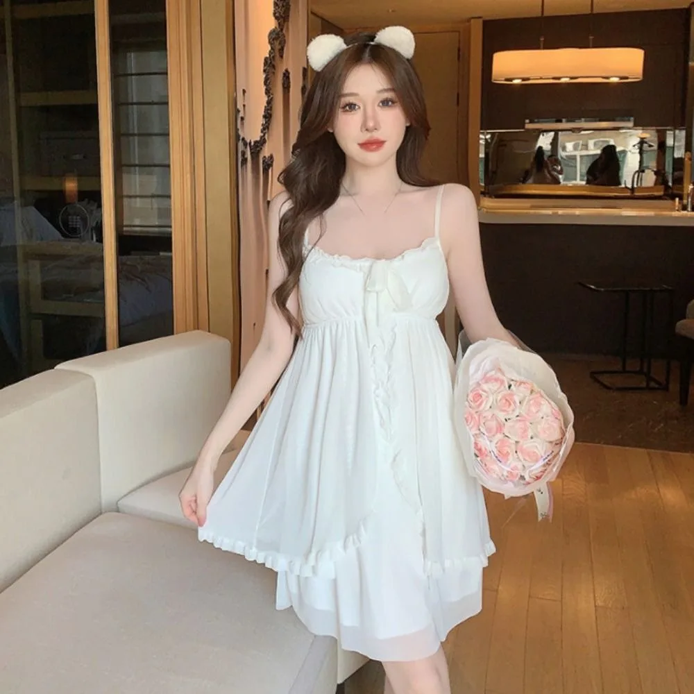 

Lace Bowknot Women Pajama Dress Nightgown Sleeveless Ruffle Sleeping Dress Robe Set Sleepwear Homewear Suspender Nightdress Set