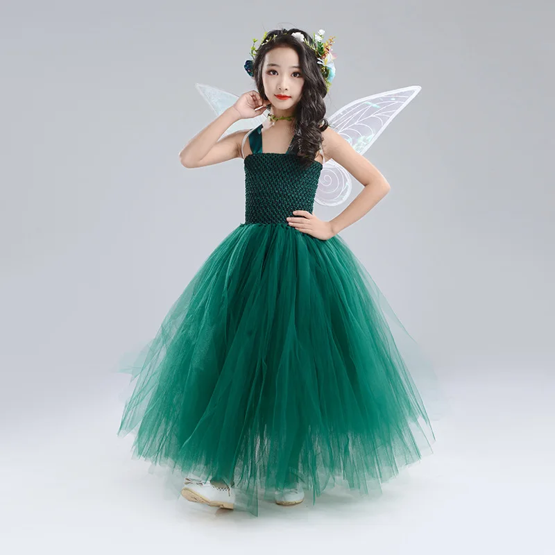 Girls dark green dress  skirt children's catwalk costume fairy skirt piano host dress elf performance costume