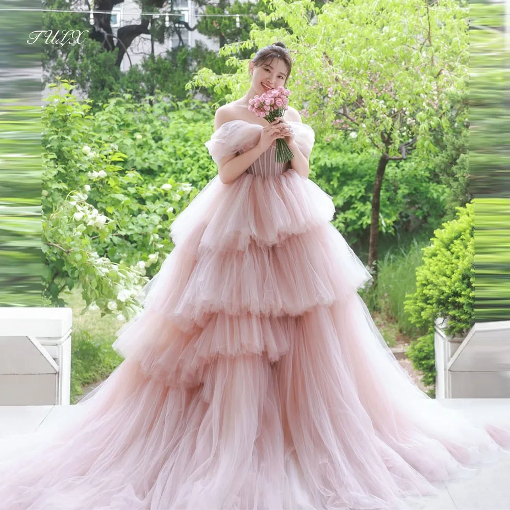 TULX – robe de soirée longue en Tulle rose féerique, pour séance Photo de mariage coréen, épaules dénudées, longue robe de soirée de mariée à plusieurs niveaux, Corset personnalisé