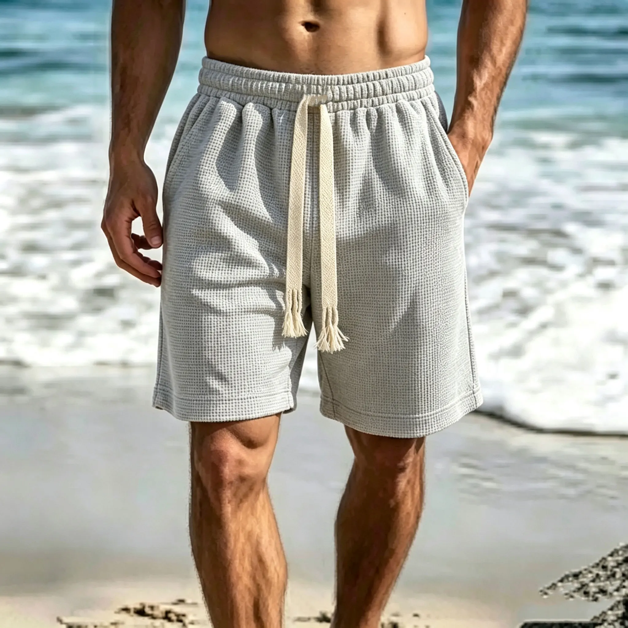 Men's Solid Color Summer Waffle Shorts for Casual, Loose, Breathable, Thin, Basketball Sports, Cropped Shorts, Beach Pants