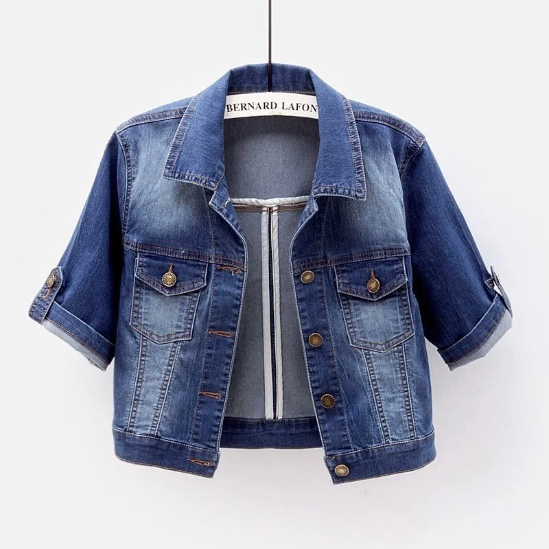 Elasticity Denim Jacket Coat Women Slim Short Cowboy Outerwear Summer Thin Solid Color Pocket Half Sleeve Jeans Jacket Female