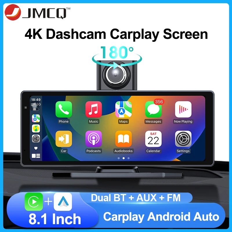 

JMCQ 8,1-дюймовый видеорегистратор 4K Carplay и Android Auto, автомобильный видеорегистратор, видеорегистратор, Stream Dahscam 180 ° Поворотная камера 5G Wi-Fi GPS FM