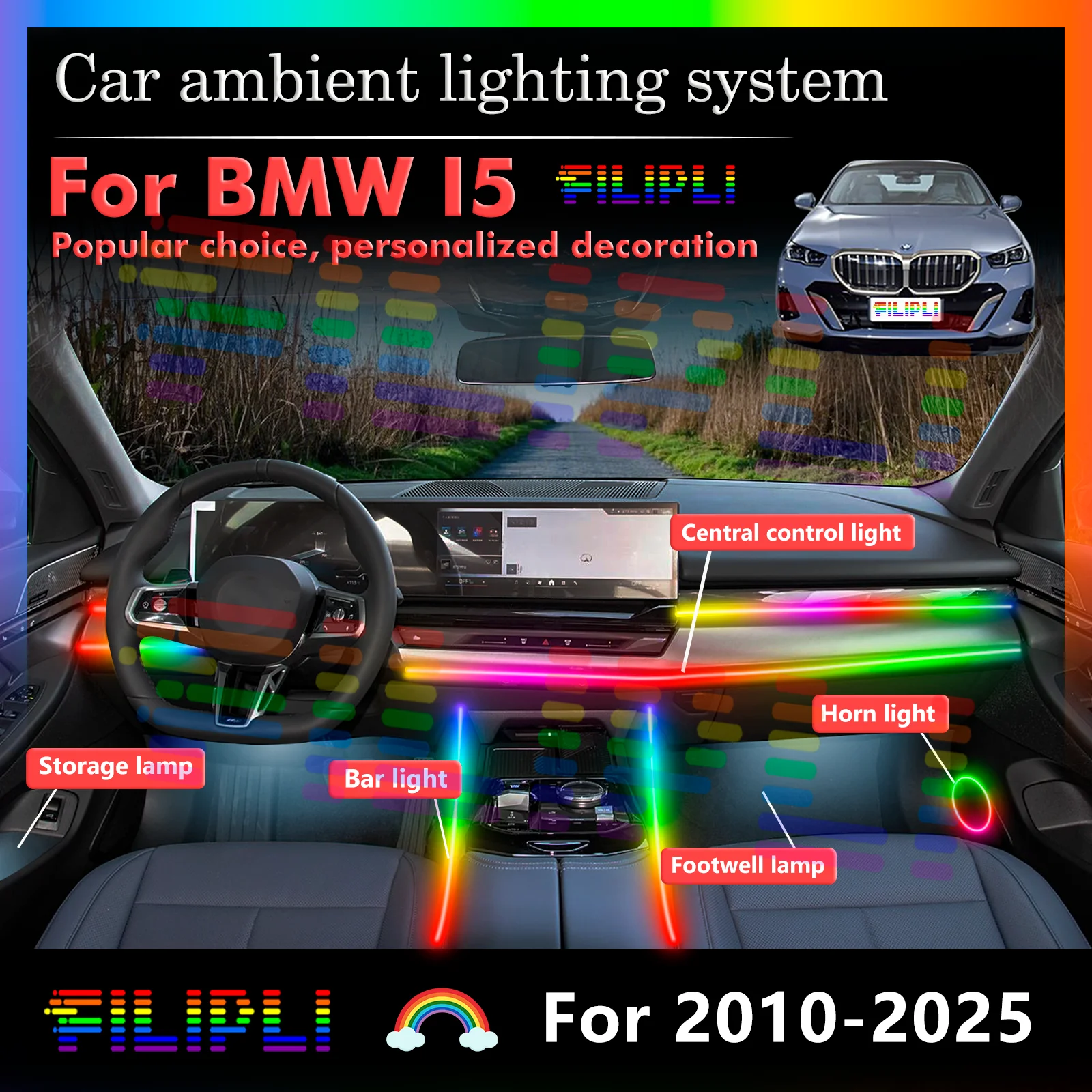 

For BMW i5 Smart Remote Control Car Interior Ambient Light RGB 64 Colors LED Energy Saving Efficient Lamp Kit