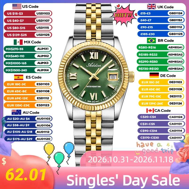 ADDIES 28MM Ladies Quartz Watch 5Bar Waterproof Super Luminous Wristwatch Sapphire Glass Ronda 585 Stainless Steel Wristwatches