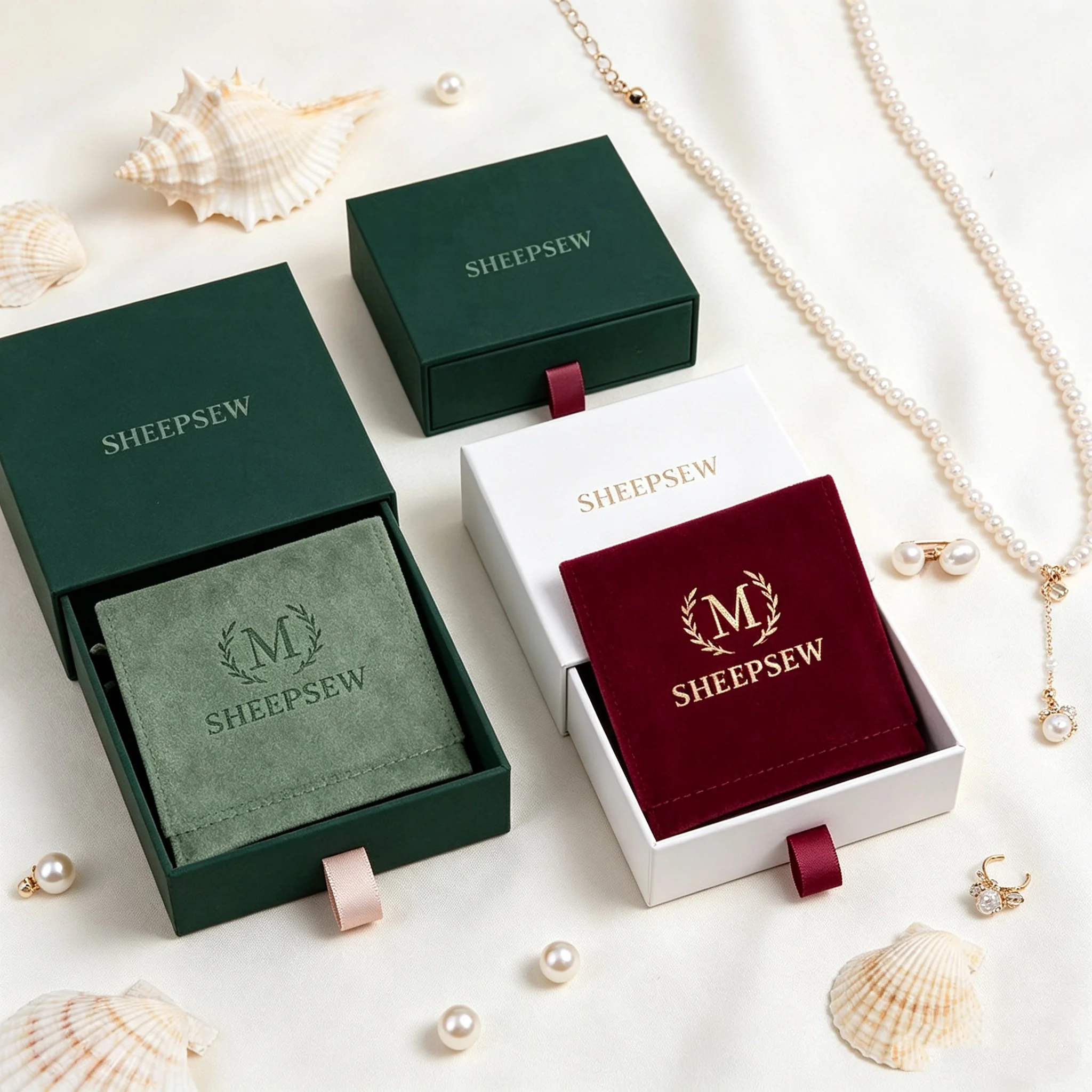 SheepSew Elegant Personalized Jewelry Packaging Set Custom Deboss Embossed Logo Drawer Box With Soft Suede Pouch For Wedding Bir