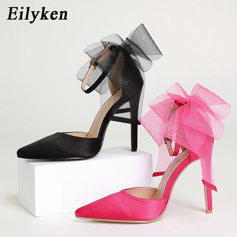 Eilyken Fashion Silk Bowknot Satin Women Pumps Summer Pointed Toe High heels Party Wedding stripper heels Lady Shoes