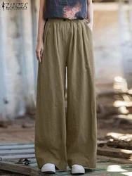 2024 ZANZEA Fashion Women Wide Leg Pants Autumn Elastic Waist Solid Long Cotton Trousers Casual Loose Pantalon Vintage Palazzo