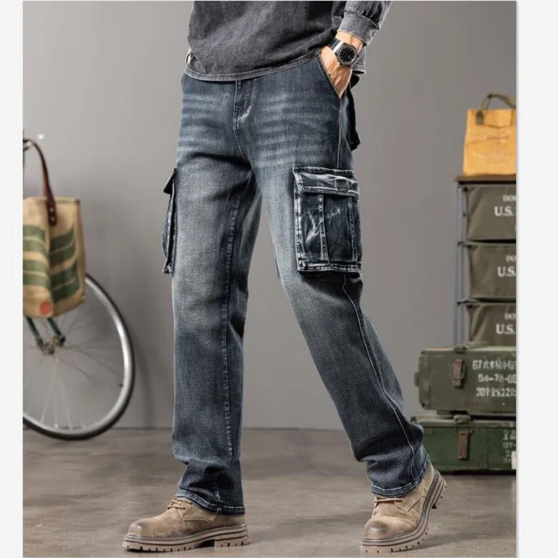 Elasticity Workwear Cargo Jeans Men's Straight Loose Denim Pants Plus Size 44 Multi-bag Thick Wide-leg Trousers Autumn Bottoms