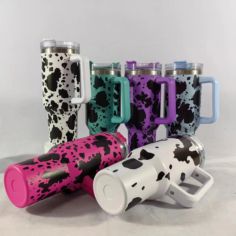 40oz Cow Pattern Thermal Cups with Handle Double Layer Stainl Steel Insulated Water BottleCoffee Cup Travel Portable Car Cups