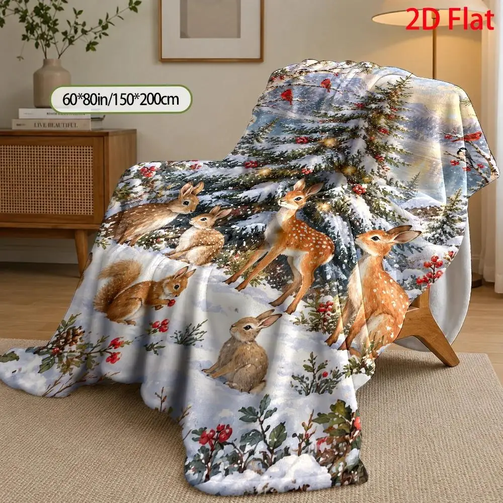 1pc 2D Flat DIY Coloring Throw Blanket, Snowy Christmas Tree Winter Forest Line Art, Oil Painting Deer Rabbit with Red Berries