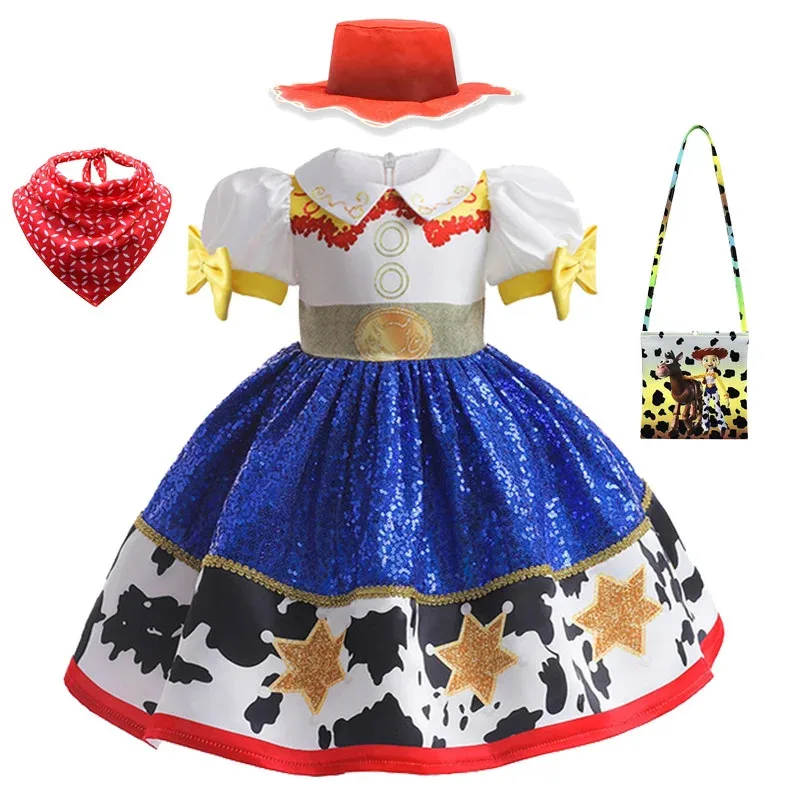 Purim Toy and Story 4 Jessie Cosplay Carnival Princess Dress Short sleeve Girls Costume With wig hat For Halloween Birthday Part