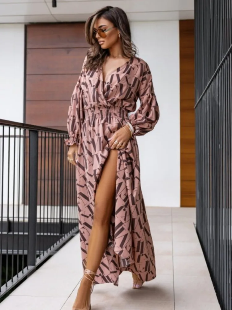 Robe Longue Imprimée Style Boho pour Femme, Col en V, Manches sulf, Haute, Ligne A, Fente Latérale, Élégante, Bureau, Été, 2024