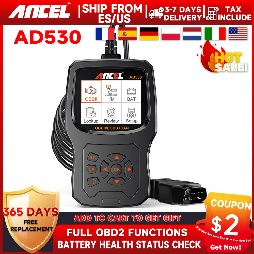 

ANCEL AD530 OBD2 Scanner Diagnostic Tool with Battery Test Car Engine Light Code Reader Scan Tool All OBD2 Function Enhanced