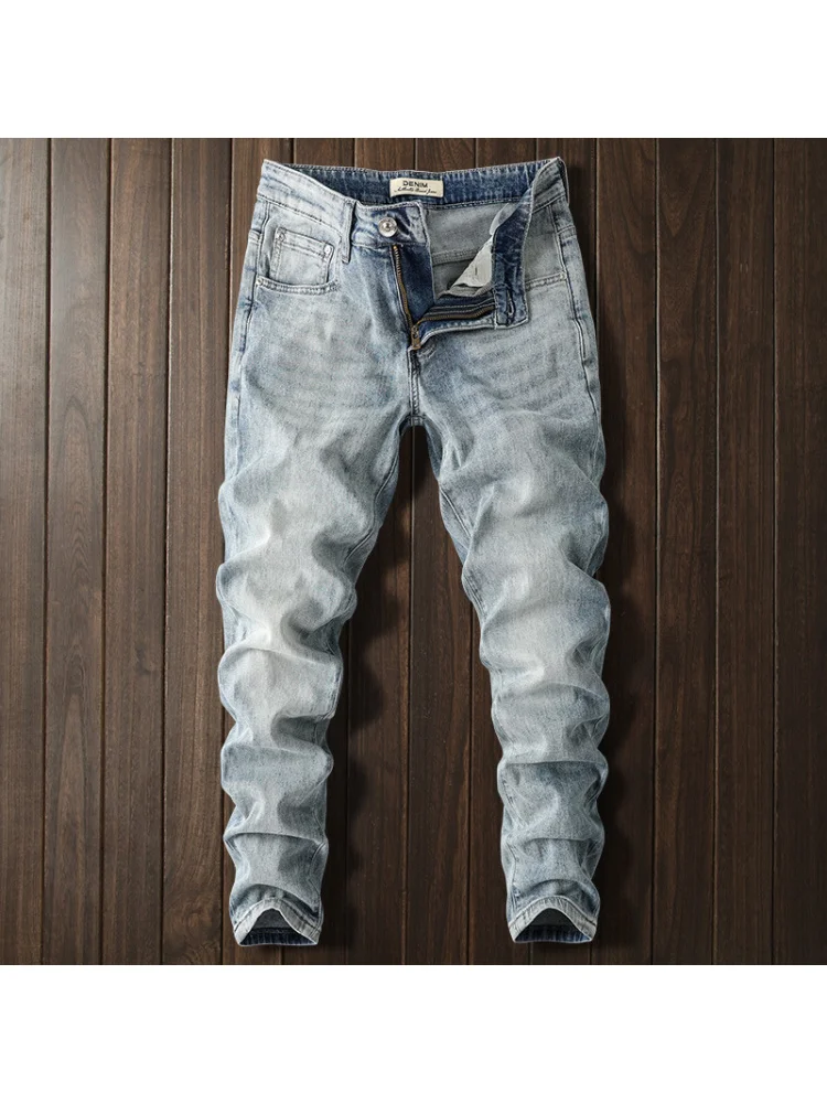 Summer jeans men's light blue Korean version elastic small foot slimming trend versatile cropped pants