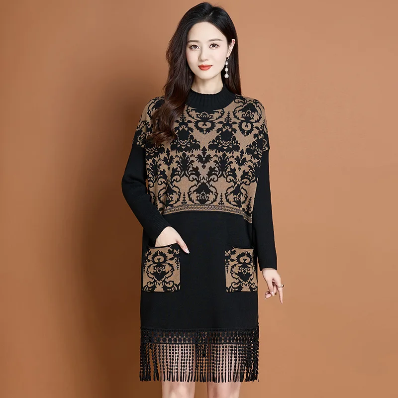 Women Retro Flowers Sweater Dress 2024 Autumn Fringes Bottom Knit Dress Elegant Ladies Loose Long Sweater Pullovers