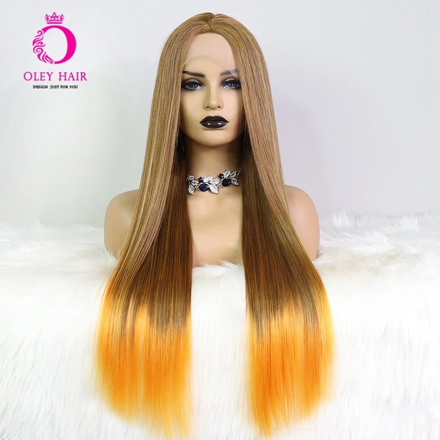 

Synthetic 13x4 Lace Front Wig Ombre Mango Swirl Orange Long Straight Free-part Drag Queen Cosplay Wigs For Women 180% Cheap