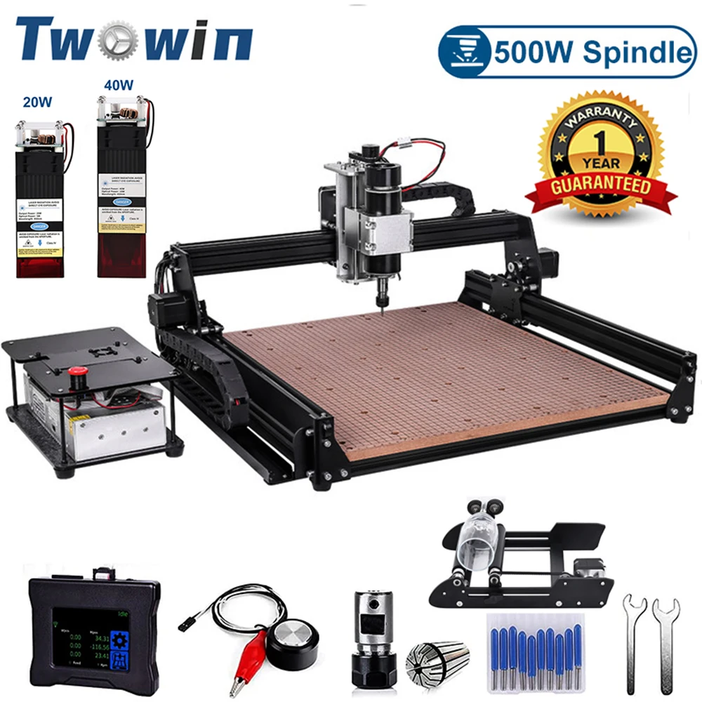 TWOWIN Metal Milling Machine 500W Spindle CNC Engraver Wood Router DIY Laser Cutter Engraving Craving GRBL Control PCB Printer