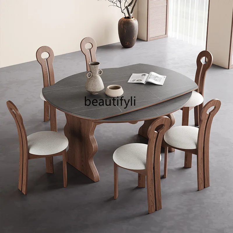 Solid Wood Folding Dining Table Convertible Round Table Extendable Modern Simple American Style Home Use Small Apartment