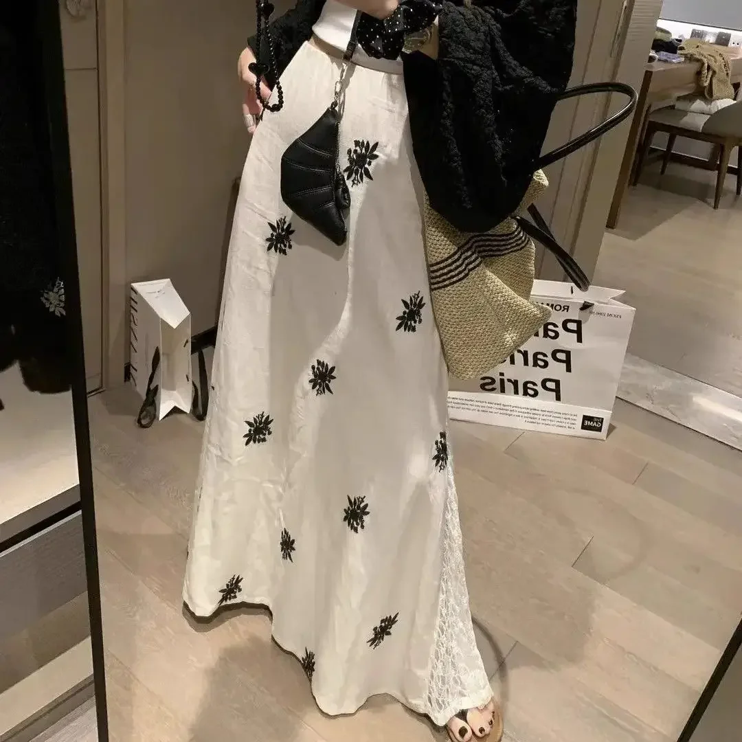 

New Fashion Lace Patchwork Maxi Skirt Women Elegant Floral Embroidered Casual Loose A-line Party Skirts Summer Jupe