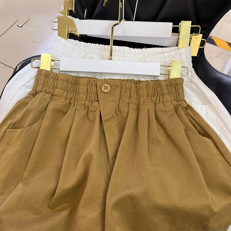 Simplicity Casual Summer Solid Women's Elastic Waist Button Pockets Pleated Fashion Versatile High Waist A-line Wide Leg Shorts