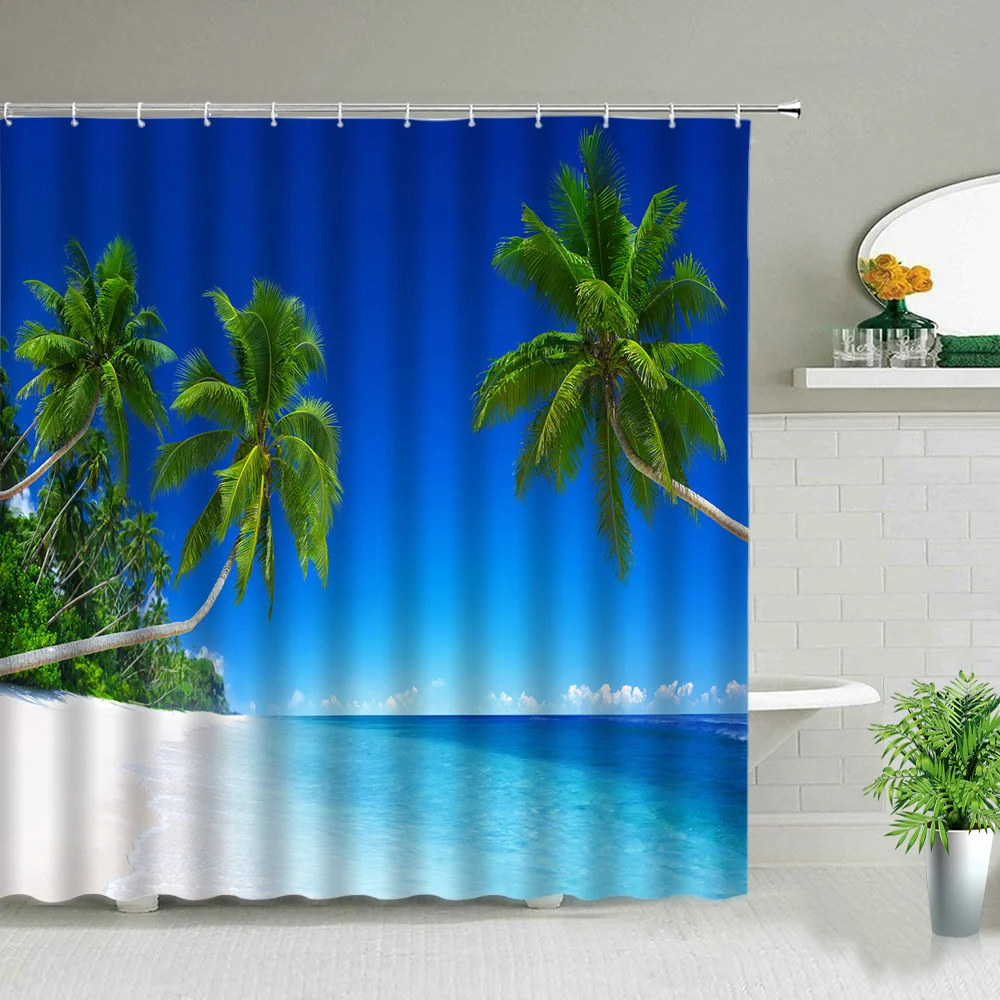 Natural Scenery Sunlight Beach Tropical Leaves Shower Curtains Ocean Landscape Waterproof Bath Curtain Set Home Bathroom Decor