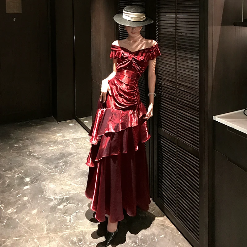 French Style Off-Shoulder Dress for Women Wine Red Ruffled Waist-Cinched Evening Gown Holiday Christmas Party Dress