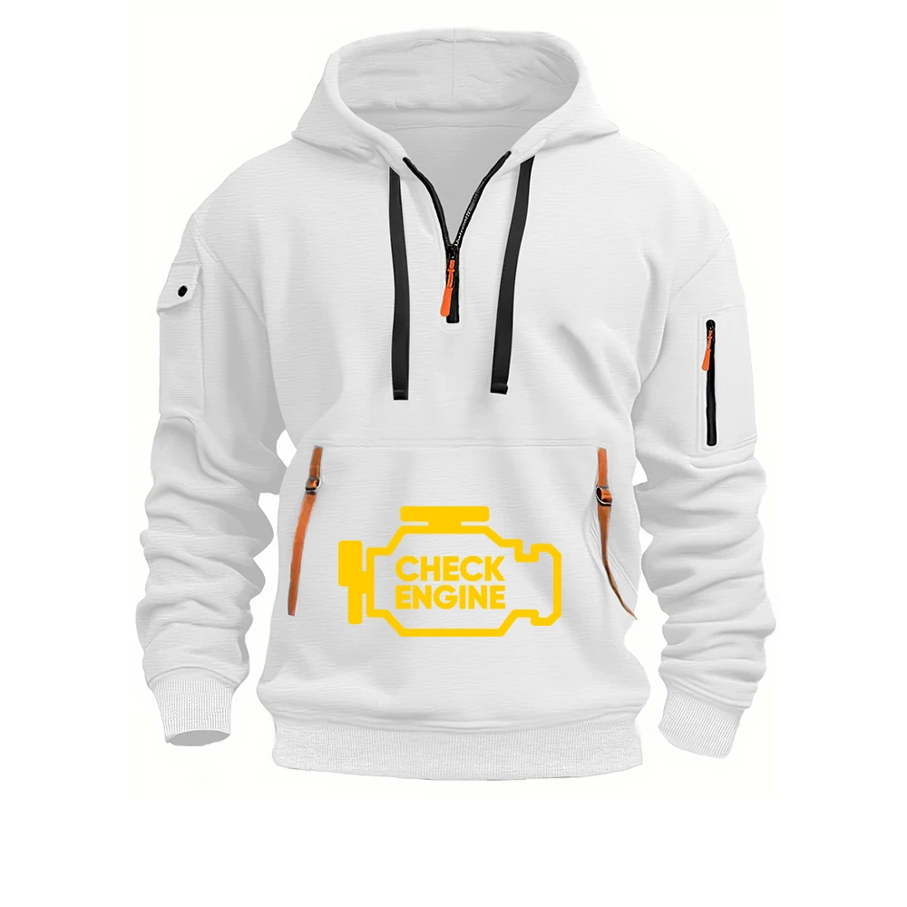 Mechanic Auto Repair Check Engine Light Print 2025 Men's Fashion Casual Multi-pocket Sports Sweatshirt Half Zip Hooded Pullover