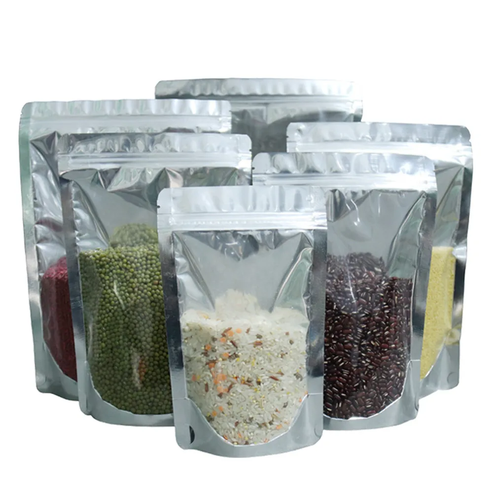 

100Pcs Doypack Clear Aluminum Foil Zip Lock Package Bags Silver Mylar Plastic Dried Flower Nuts Storage Zipper Pouches