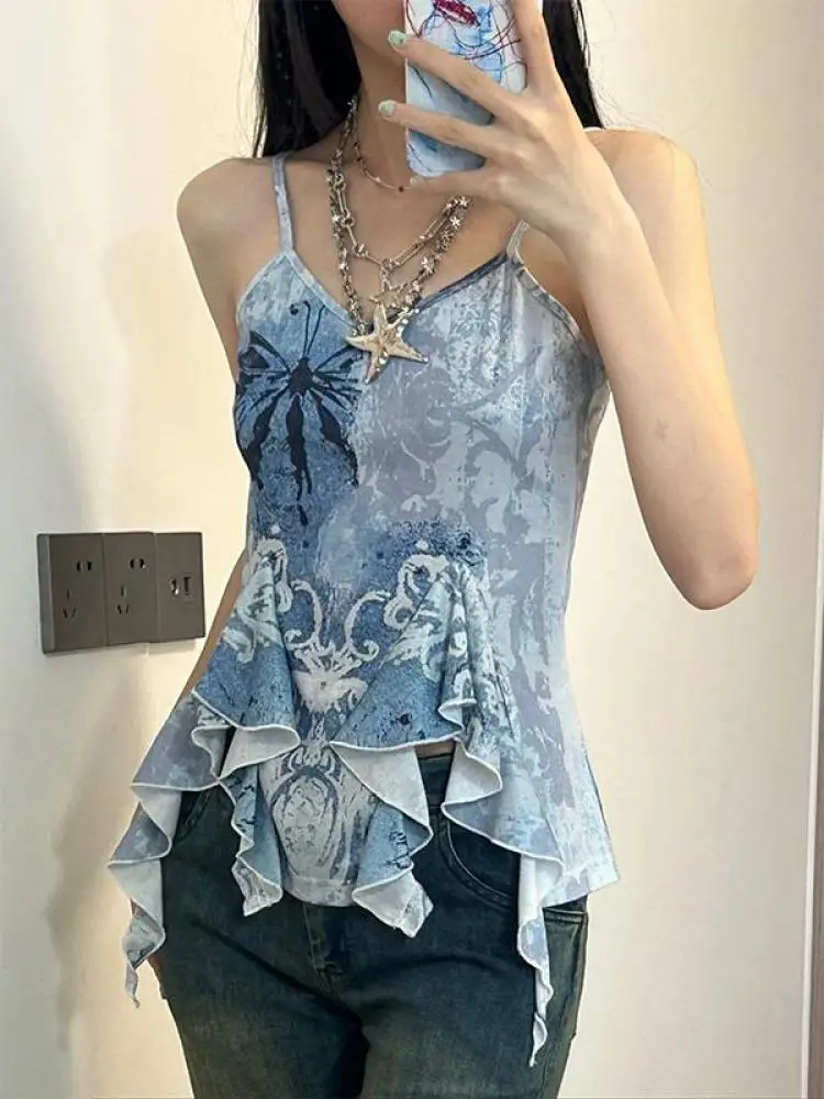 Genayooa Retro Tank Tops Women Sleeveless Blue Print Tank Y2k Vintage Camis 2000s Japanese E Girls Tee Irregual Tank Tops Summer