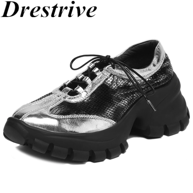 

Drestrive 2024, модные массивные кроссовки из коровьей спилки, осенняя повседневная обувь на толстом высоком каблуке с круглым носком и шнуровкой в стиле пэчворк