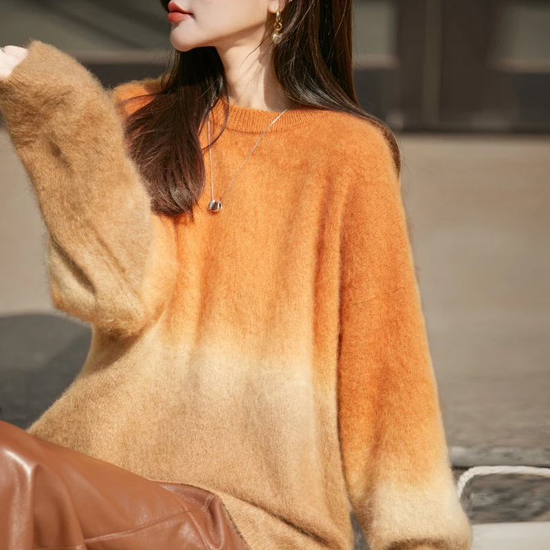 

Women 100% Wool Pullover 2025 Autumn Winter Long Sleeve Loose Fashion Warm O- Neck Casual Color Gradient Fluffy woolen Sweater