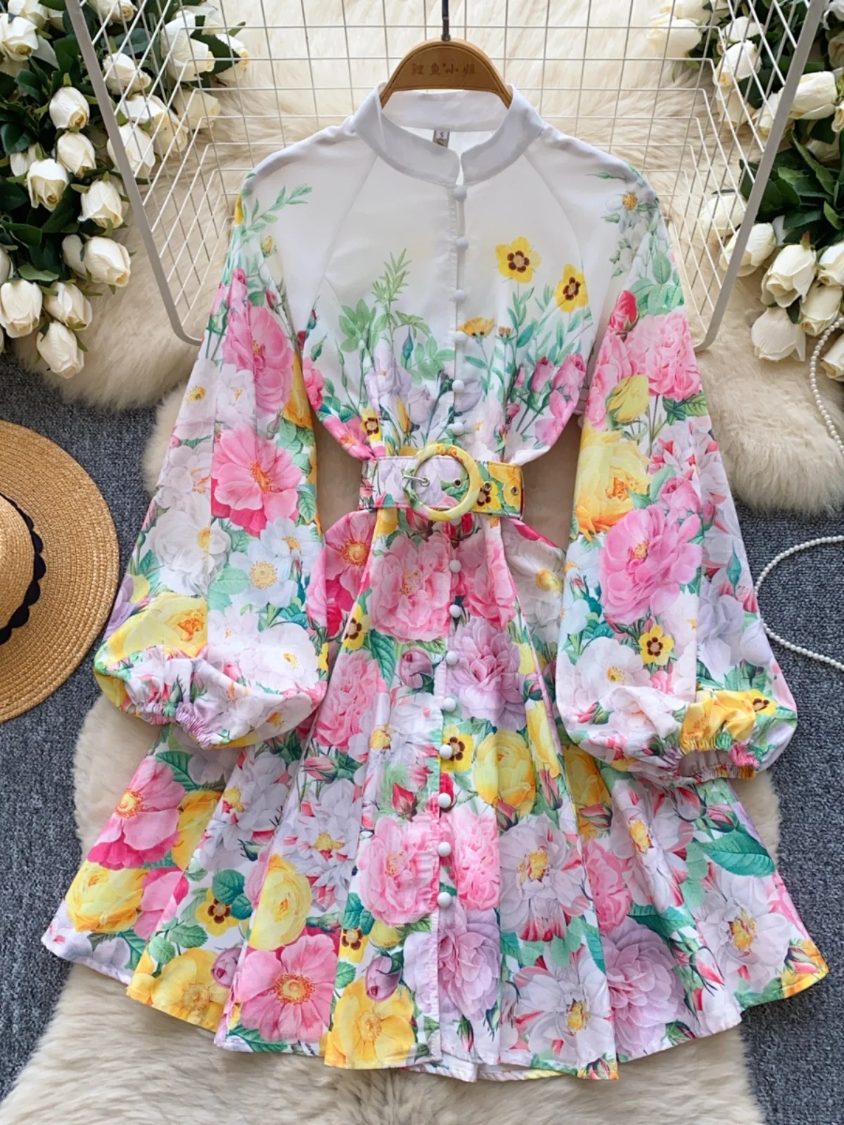 Elegant Flower Short Dresses Shirt Women Spring Summer Long Sleeve Vintage Mini Party Vestidos Office Lady Belt single breasted