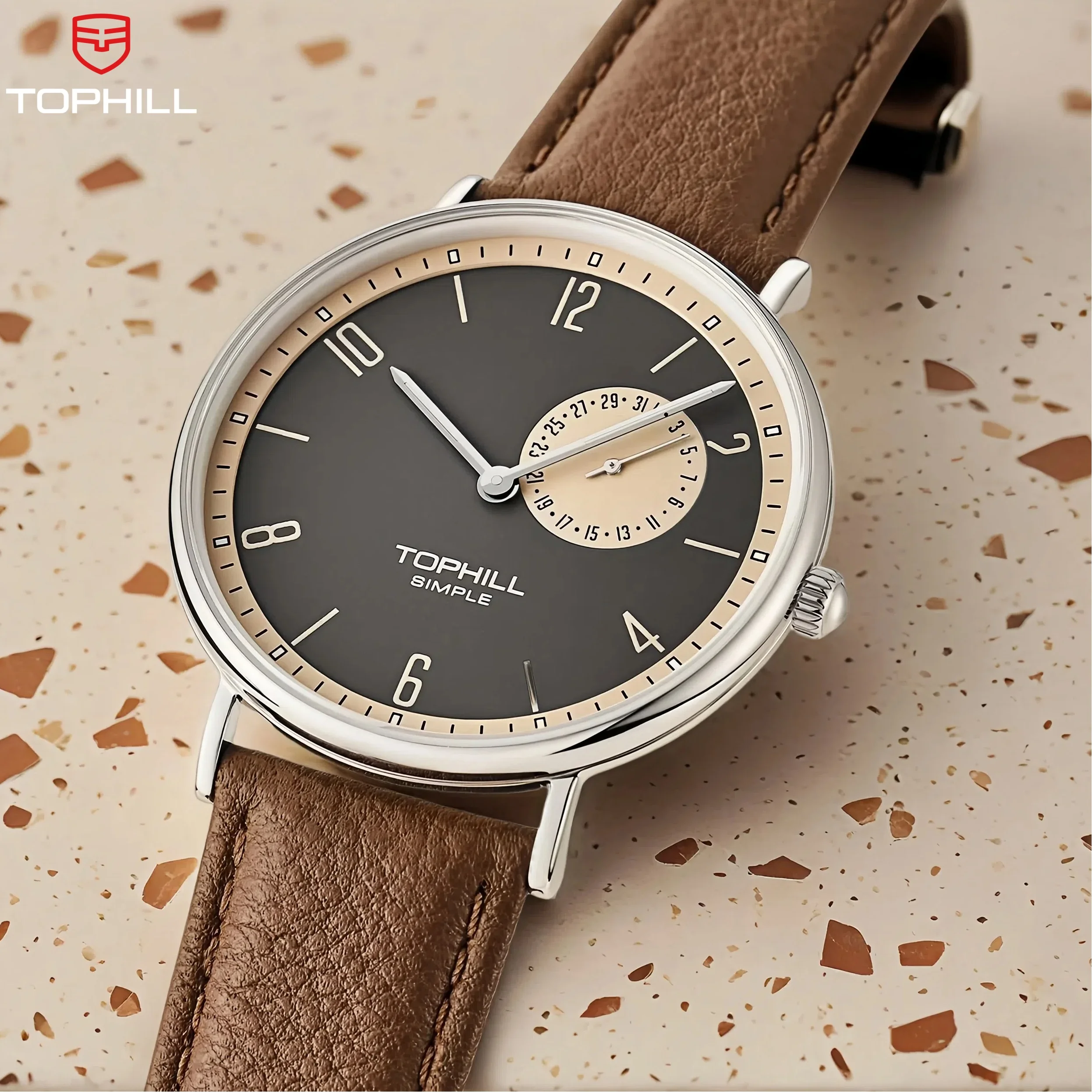 TOPHILL Men's Bauhaus Quartz Watch Ultra Slim 40mm Minimalist Dial Sapphire Glass Leather Strap Stainless Steel Case