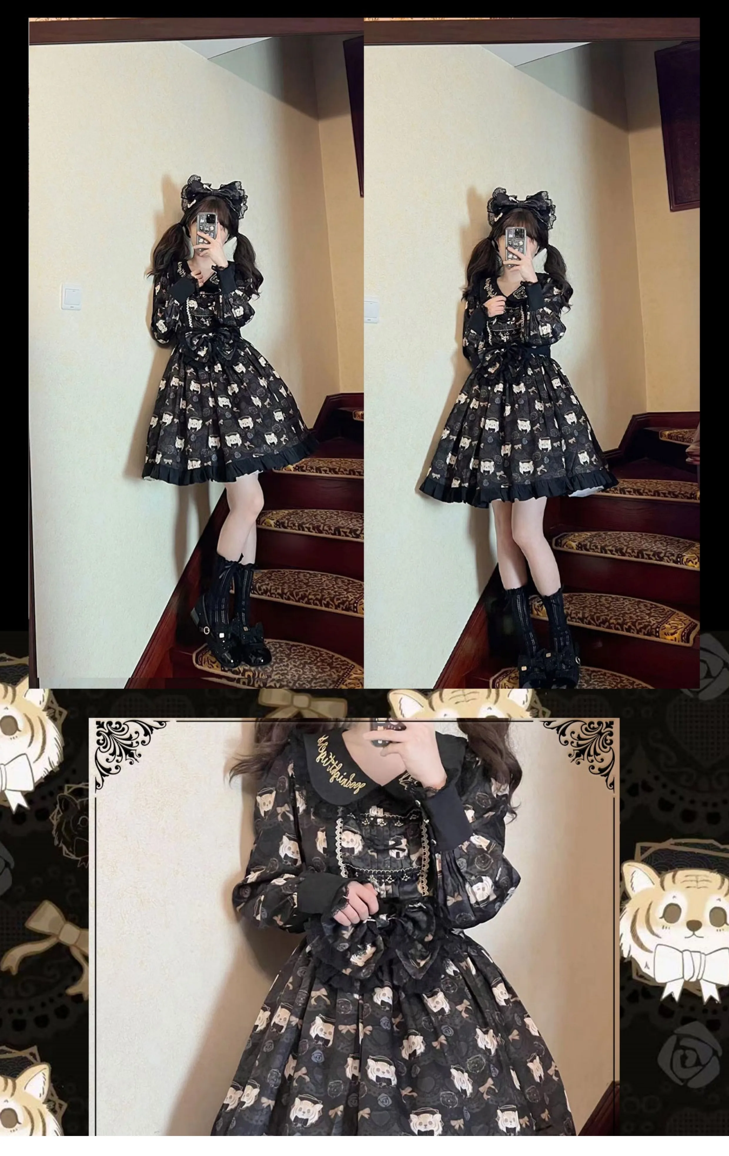 فستان لوليتا أسود لطيف فضفاض على طراز الأكاديمية للفتيات الجميلات مطبوع بياقة الدمية فستان خريفي بأكمام طويلة