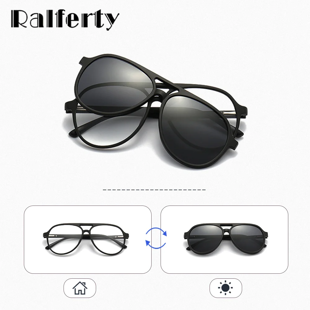 Ralferty 5 In 1 Oval Magnet Sunglasses Women Clip On Glasses Men's Glasses Frames Myopia Optical Frame for Men Polarized UV400